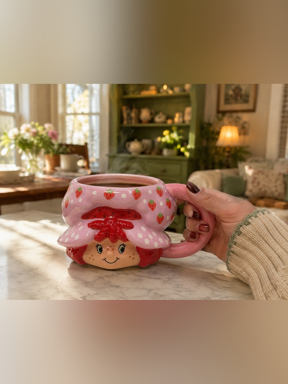 Strawberry Shortcake Ceramic Mug, 21oz Sculpted 3D Coffee Cup, Cute Nostalgic